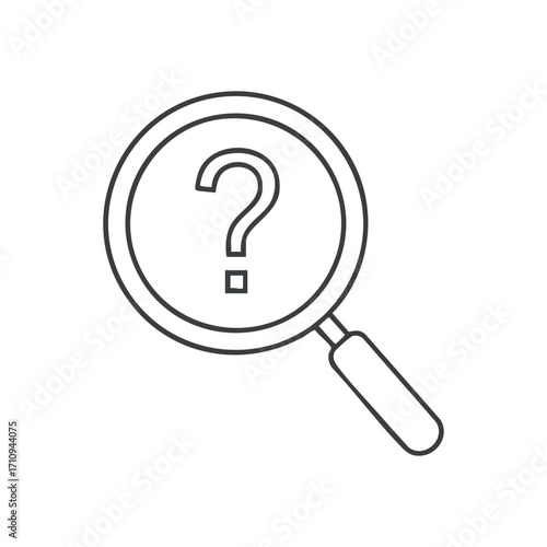 Search Question Mark Magnifier Icon. This emblem signifies exploration and deciphering inquiries. It embodies the essence of investigation, discovery, and seeking knowledge for problem resolution.