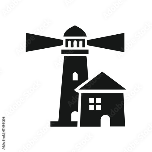 Coastal Lighthouse Beam Icon. Clean silhouette design of a towering illuminator casting widespread rays. This emblem denotes secure passage and navigational aid.