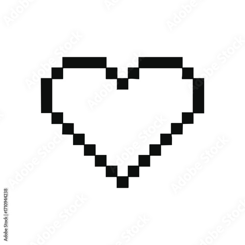 Pixel Art Heart Outline Icon. A classic digital motif, crafted from individual squares. Evokes retro gaming nostalgia, representing affection and vitality.
