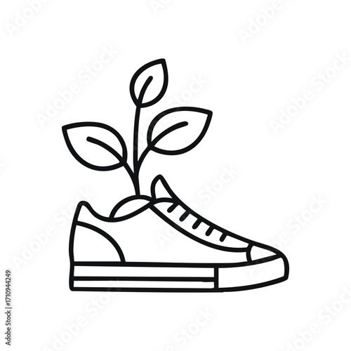 Sustainable Footwear Sprout. Minimalist graphic illustrates new life emerging from a sneaker, representing ecological advancement and conscious fashion choices. Ideal for environmental themes.