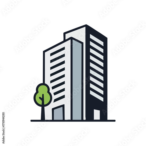 Contemporary City Structure Icon. This illustration depicts a tall commercial or residential property alongside a vibrant plant. It symbolizes urban expansion, architectural design, and.
