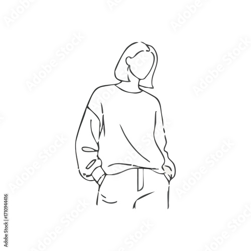 Minimalist Woman Outline Drawing. A contemporary monochrome depiction of a short-haired individual in casual attire, hands in pockets. This abstract artwork evokes calm anonymity and modern style.