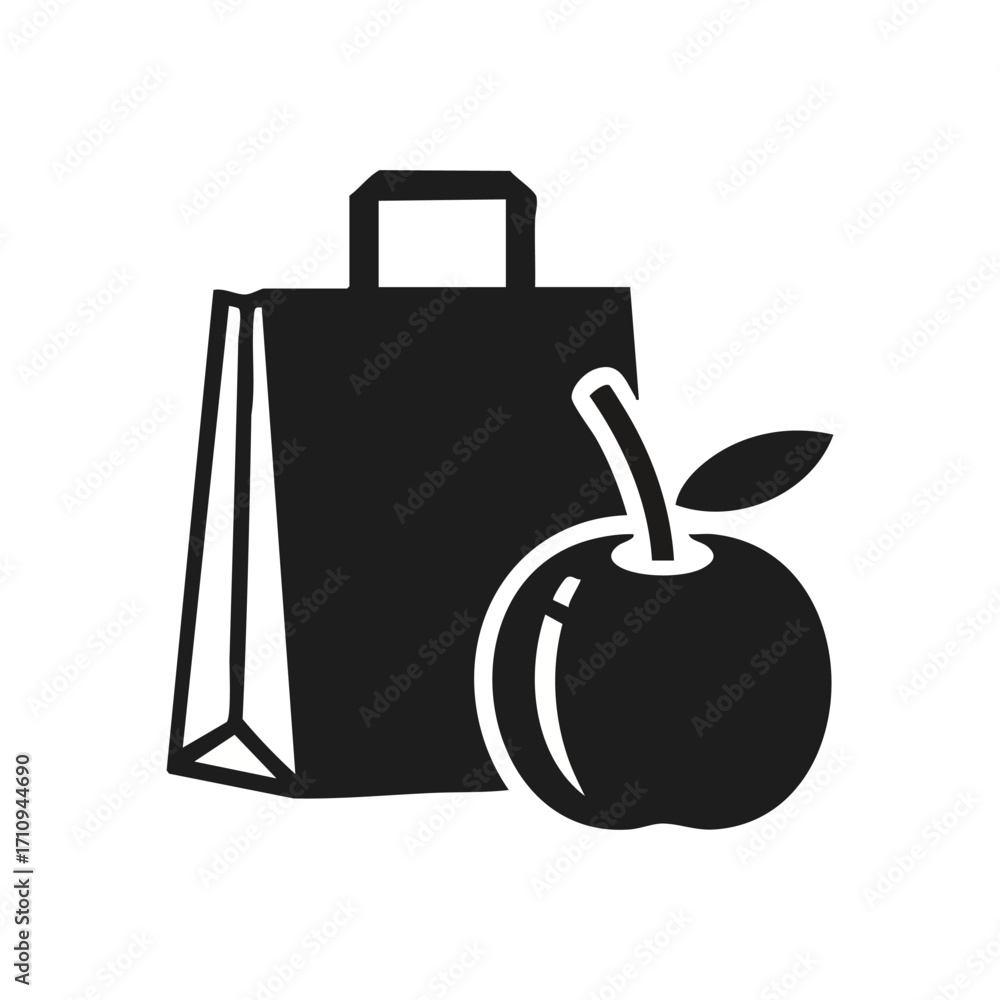 Obraz premium Healthy Food Shopping Bag and Apple. This simple emblem illustrates a retail sack and wholesome produce, signifying good diet and fresh eating. Perfect for lifestyle and nourishment concepts.