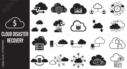 Vector art of cloud disaster recovery icons representing data backup concept