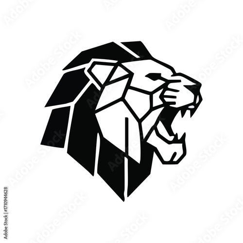 Majestic Geometric Lion Roaring. Striking polygonal big cat emblem featuring open jaws. Conveys strength, leadership, and a fierce, untamed nature.