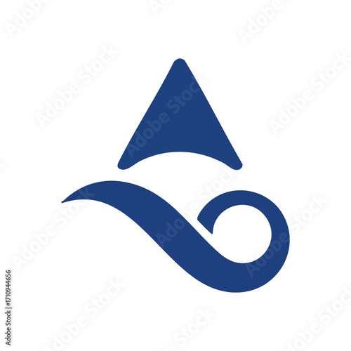 Blue Peak Wave Abstract Graphic. A stylized azure emblem depicting an ascending form above a fluid curve. This design suggests progress, flow, and natural harmony.