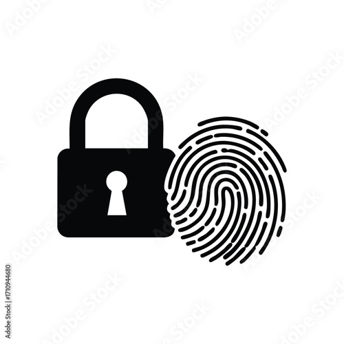 Fingerprint Lock Security System. Abstract graphic combining biometric identification with a padlock. Depicts modern digital protection, personal data safeguarding, and verified access.