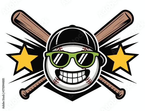 Smiling baseball bat and ball character sticker patch showcasing an energetic and humorous design retro style.