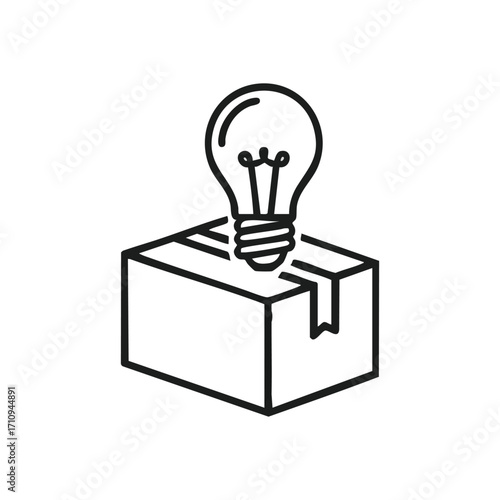 Creative Idea Box Icon. This graphic depicts an incandescent lamp atop a package, symbolizing a novel vision emerging. It illustrates inventive problem-solving and ingenious approaches to development.