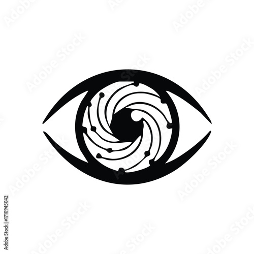 Digital Eye Camera Lens Circuit. Represents advanced technological vision, monitoring, and optical intelligence. Blending human sight with camera mechanisms and electronic components.