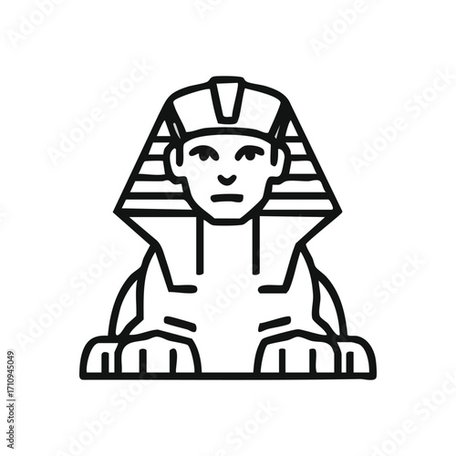 Giza Sphinx Monument Icon. This clean line drawing depicts the iconic ancient Egyptian landmark, a revered symbol of enduring history, culture, and timeless mysteries.