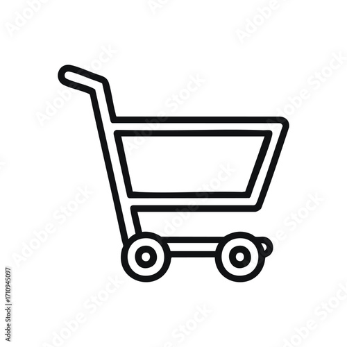 Online Shopping Basket Outline Icon. A clean line illustration of a market wagon, perfect for digital interfaces. It symbolizes consumer goods acquisition and internet transactions.
