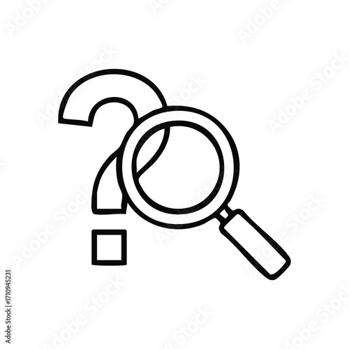Inquiry and Search Symbol. Simple outline graphic depicting a query with a loupe, representing investigation, analysis, and discovery of solutions.