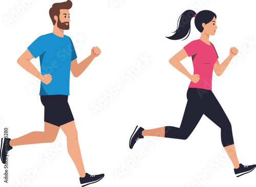 Man and woman jogging together, fitness exercise, healthy lifestyle, running couple, active people, flat vector illustration, CAD drawing