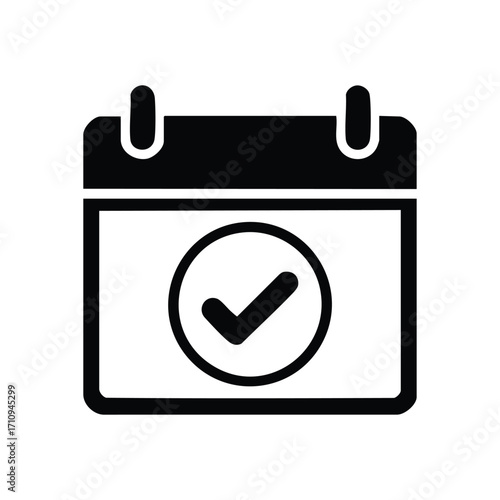Confirmed Date Checkmark. A minimalist black icon depicts a schedule page with a circular tick mark. This signifies a verified event, accomplished task, or successful plan, conveying organization.