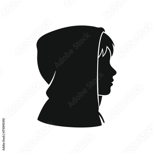 Hooded Figure Profile Silhouette. Minimalist dark graphic portrays an individual donning a hood, viewed from the side. It conveys anonymity, youth, privacy, or mystery.