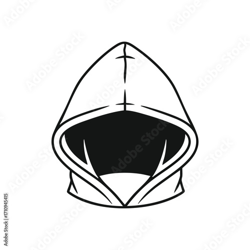 Mysterious Hooded Figure. This stark illustration portrays anonymity and concealment, symbolizing unknown presence, digital privacy, or an intriguing fantasy character. Represents hidden power.