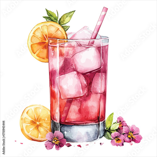 Refreshing Pink Drink with Ice, Orange Slices, and Pansies beverage cocktail