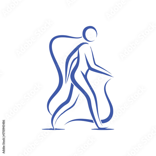 Dynamic Walking Figure Symbol. This minimalist graphic depicts an individual in motion, embodying vitality and personal journey. It conveys health, progress, and energetic well-being.