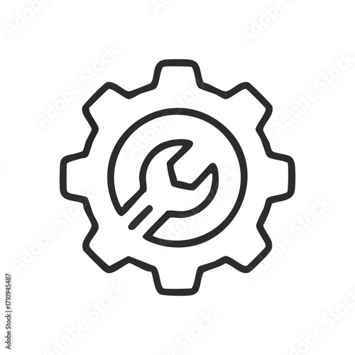 System Settings and Tools Icon. Abstract graphic depicting a cogwheel and a spanner, symbolizing configuration, maintenance, and technical support. Ideal for software or service adjustments.