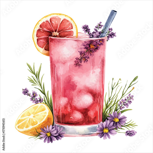 Refreshing pink grapefruit and lavender lemonade with a metal straw and citrus garnish drink