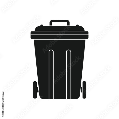 Black Waste Bin Icon Graphic Design. Clean vector artwork of a wheeled rubbish container. Represents discarding items, effective waste management, and environmental care for a cleaner planet.