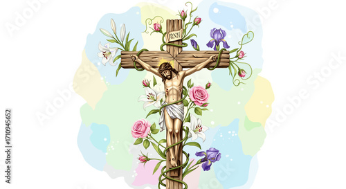 Illustration of jesus christ on the cross adorned with roses lilies and irises on a watercolor background