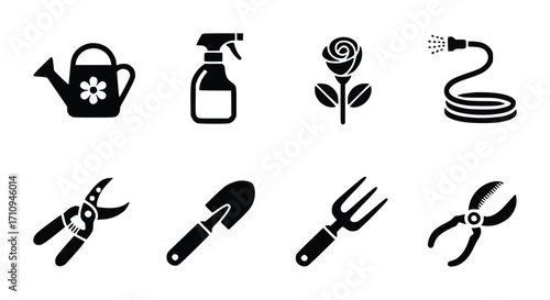 Collection of Black and White Garden Icons Watering Can, Sprayer, Rose, Hose, and Tools