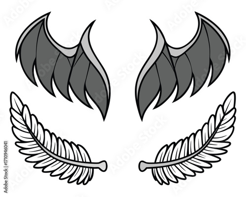 Detailed Vector Illustration of Devil Wings and Laurel Wreath for Graphic Design
