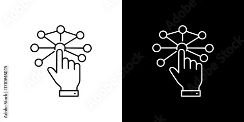 Outline icon of hand interacting with neural networks on transparent and black background
