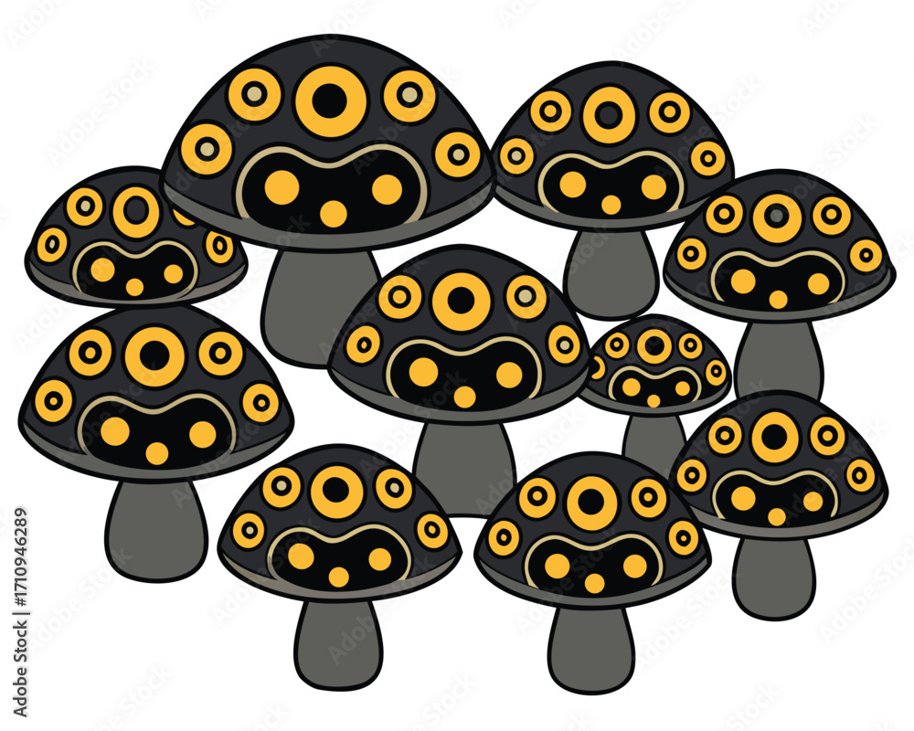 Obraz premium Illustration of Black and Yellow Psychedelic Mushrooms with Detailed Dot Patterns
