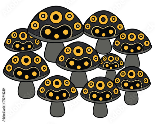 Illustration of Black and Yellow Psychedelic Mushrooms with Detailed Dot Patterns