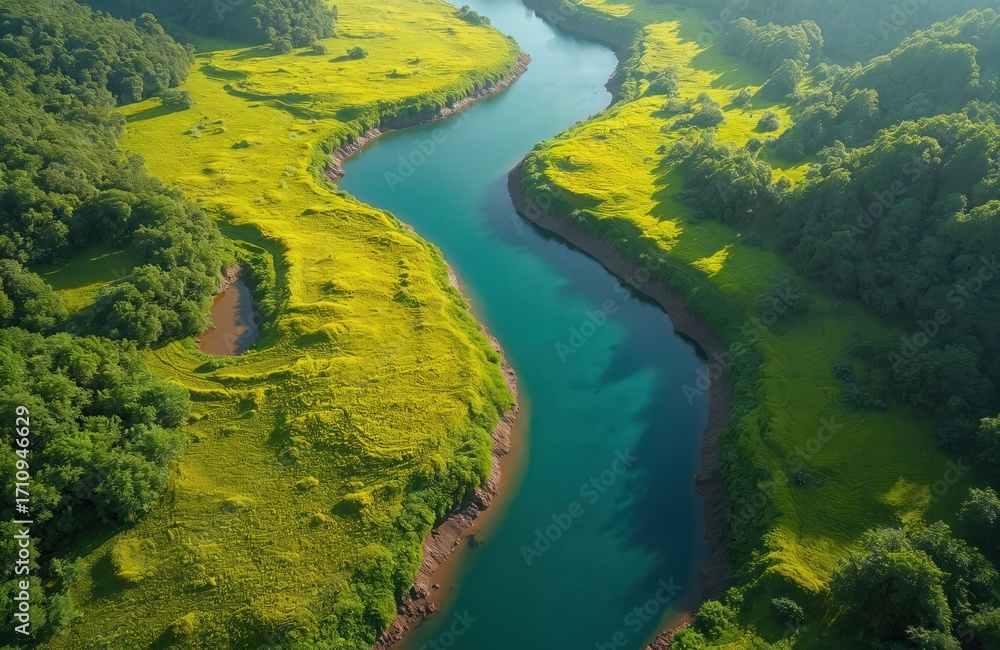 Fototapeta premium Aerial view of winding river with turquoise water flowing through green landscape. Riverbanks covered with rich vegetation and trees. Nature scenery with calm water and vibrant green grass.