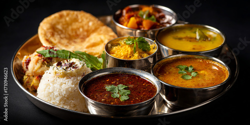 Thali north indian or south indian style on black background