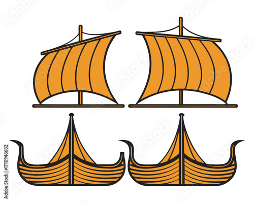 Viking Ship Drakkar Illustration: Norse Boat Vessel with Detailed Orange Sail