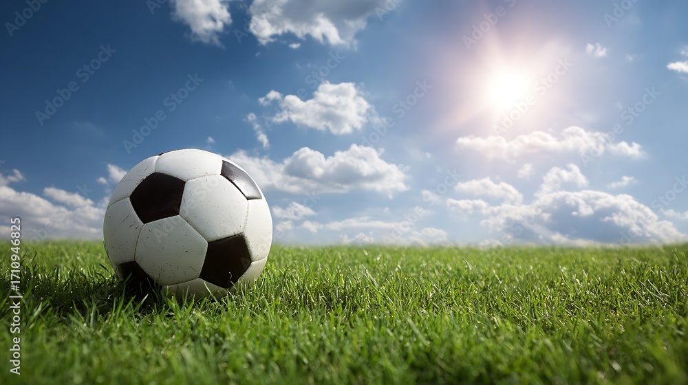 Fototapeta premium Soccer ball on green grass under sunny sky.