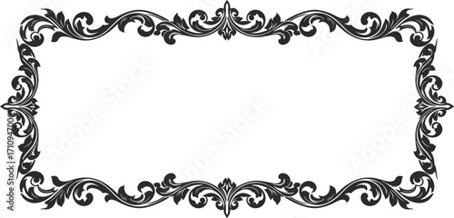 Detailed ornate black frame design element with swirls on transparent background
