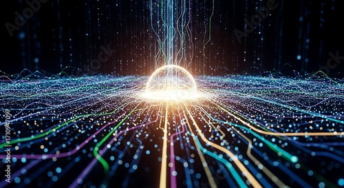 Abstract Network of Colorful Data Streams Converging into a Central Bright Orb on a Dark Background.