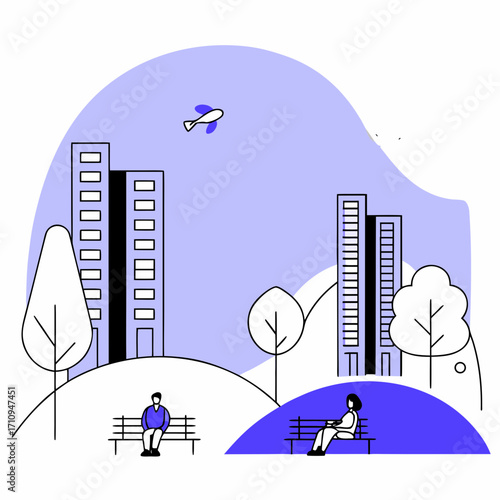 Modern city park scene with people and buildings
