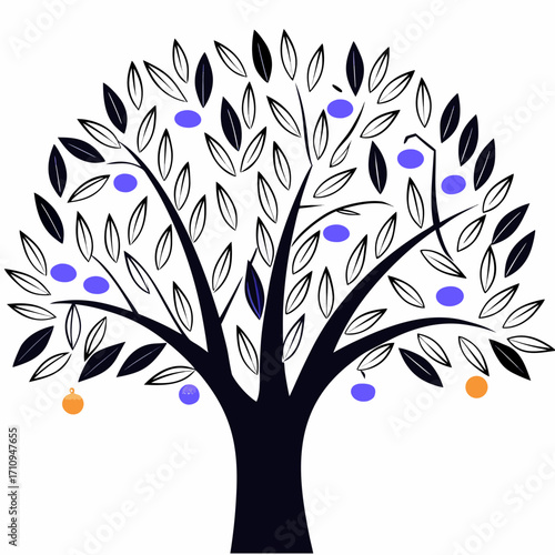 Stylized tree with blue and orange fruits and black leaves