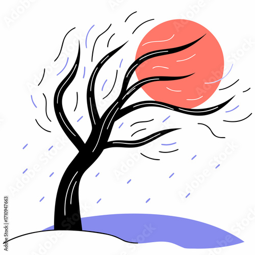 Snowy Weather Tree Silhouette with Red Sun