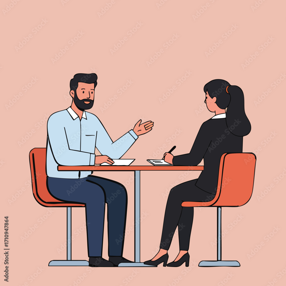 Fototapeta premium Two figures at a table A man gestures while a woman writes Red chairs table