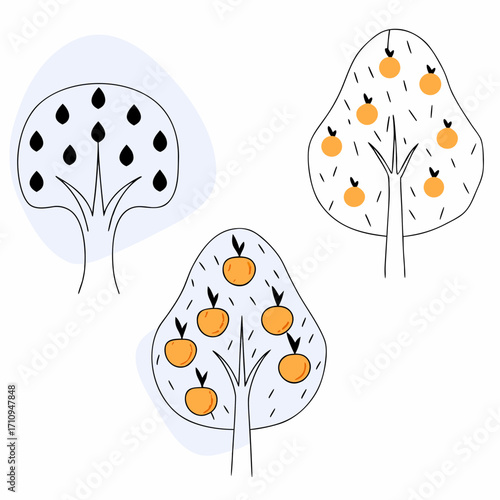 Three hand drawn trees with fruit