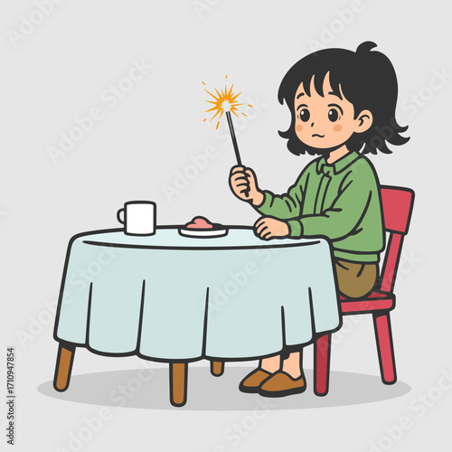 A little girl sits at a table and looks at a sparkler