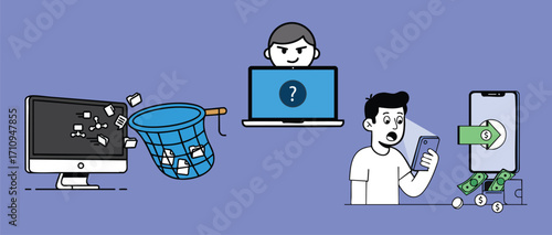 Illustration depicting data breach and financial fraud Includes a computer net laptop phone person money