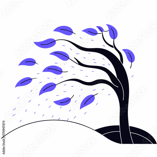Stylized tree with purple leaves blown by wind