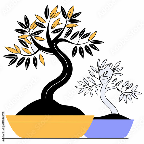 Stylized bonsai trees in colorful pots