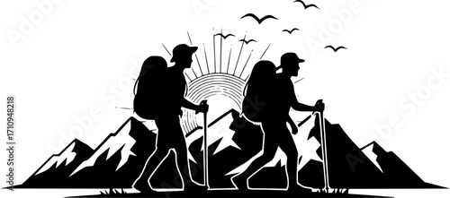 Couple hiker in mountain silhouettes