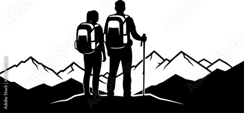 Couple hiker in mountain silhouettes