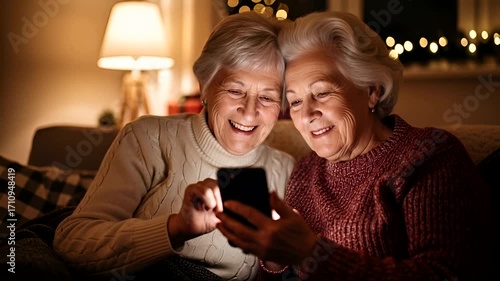 Senior women enjoy video call during festive season sharing memories with family